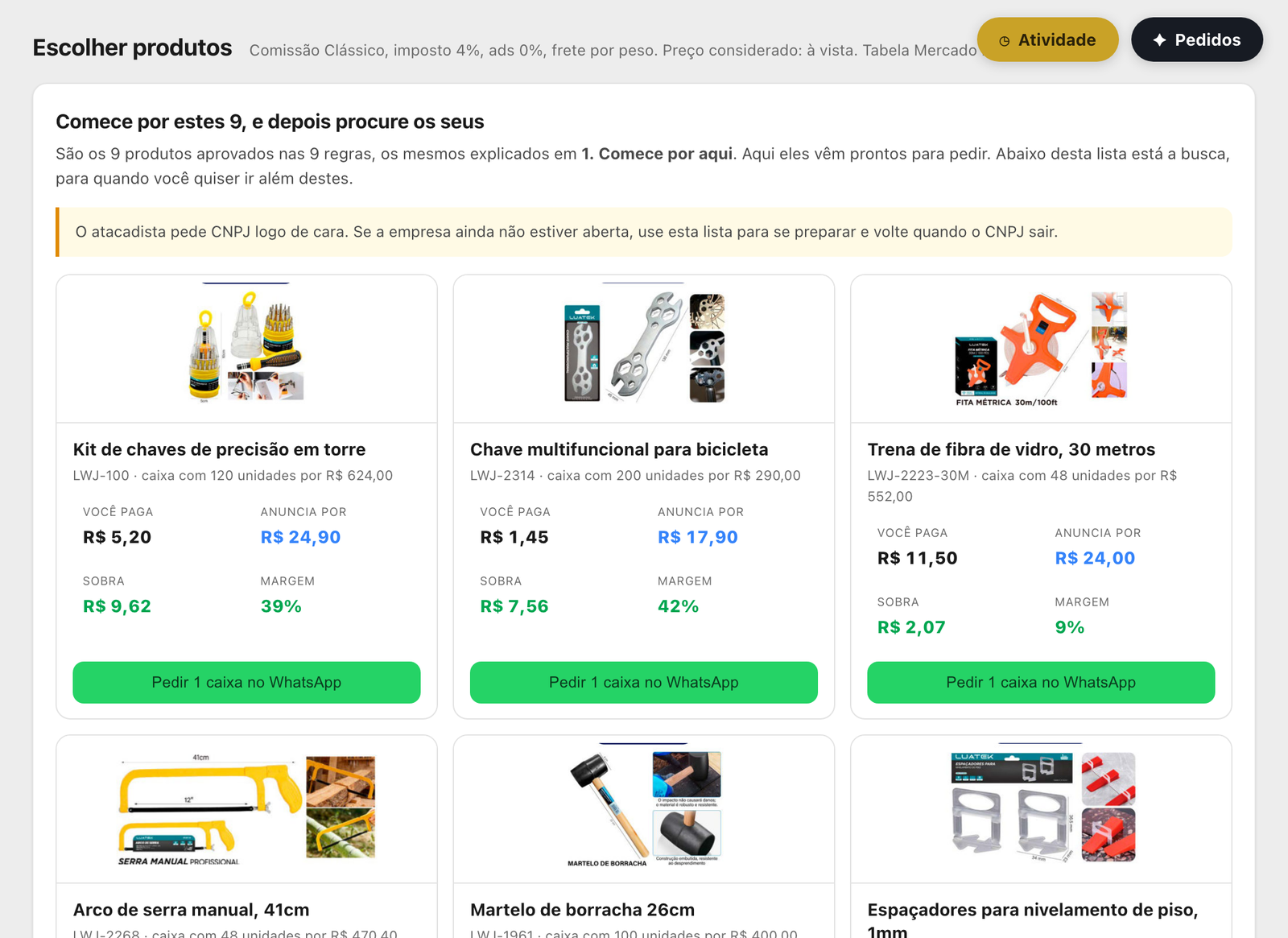 Tela do Kalibrol mostrando produtos com o preço pago ao fornecedor, o preço de anúncio, quanto sobra e a margem de cada item.