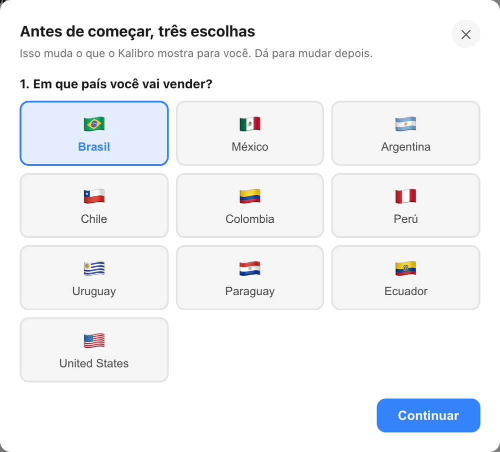 Tela do Kalibrol para escolher o país onde a pessoa vai vender, com as bandeiras dos dez países.