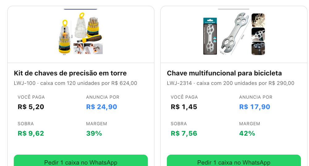 Produtos lidos do catálogo do fornecedor, cada um com código, preço por unidade e quantidade da caixa.