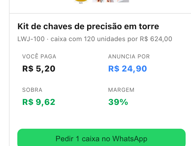 Cartão de produto com o botão de pedir uma caixa no WhatsApp, já com o código e a quantidade.